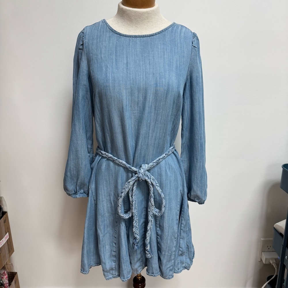 Vineyard Vines Chambray Godet Swing Mini Dress Women Small Belted Long Sleeve - Picture 2 of 13